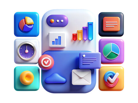 A vibrant 3d rendering of app icons isolated on transparent background, showcasing a modern and colorful user interface design