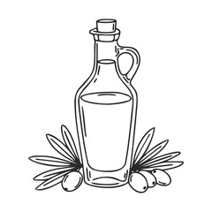 Hand-drawn olive oil bottle with olives and leaves illustration