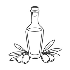 Line art olive oil bottle with olives and leaves: simple black and white design