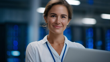Fototapeta premium Confident female engineer in data center with laptop and server racks