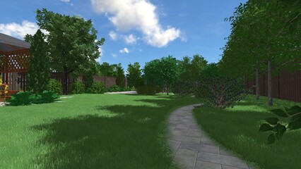 3d image of the landscape design of the home territory. Landscaping of the territory. Computer visualization of composite landscaping and landscaping solutions.