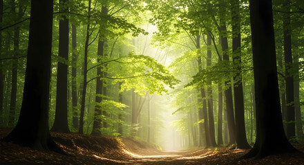 Obraz premium Sunlit Path Through Lush Green Forest Mist trees sunlight