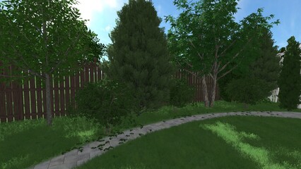 3d image of the landscape design of the home territory. Landscaping of the territory. Computer visualization of composite landscaping and landscaping solutions.