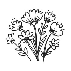 Black and white line art of wildflowers with detailed petals and stems