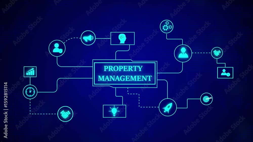 Poster animated property management concept on a dark blue background with data flow. property management a