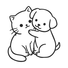 Cute outline drawing of a puppy and kitten hugging with simple design