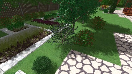 Fototapeta premium 3d image of the landscape design of the home territory. Landscaping of the territory. Computer visualization of composite landscaping and landscaping solutions.