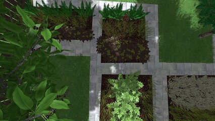 3d image of the landscape design of the home territory. Landscaping of the territory. Computer visualization of composite landscaping and landscaping solutions.