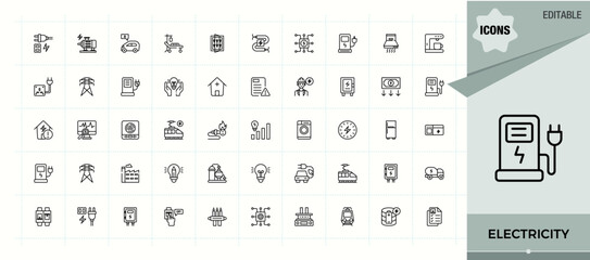Electricity linear icon set. Collection of simple line web icons. Vector collections. Charge icon set. It contains symbols to eco, electrical, charger, power, energy and more.