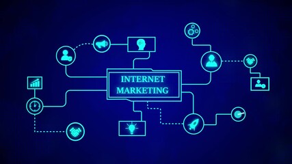 Conceptual illustration of internet marketing diagram on a dark blue background. Internet marketing animation with glowing neon network and futuristic digital data visualization. - Powered by Adobe