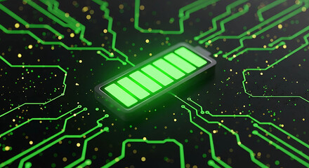 A fully charged battery glows on a circuit board, symbolizing renewable energy and technological power