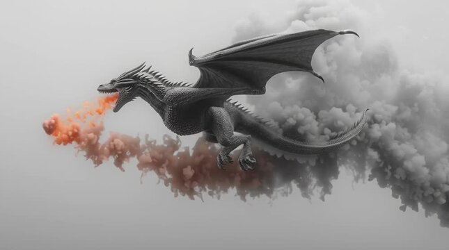 A fierce fantasy dragon unleashes a torrent of fire and thick smoke into the air, set against a moody gray background. The scene captures raw power, mythical energy, and cinematic drama.