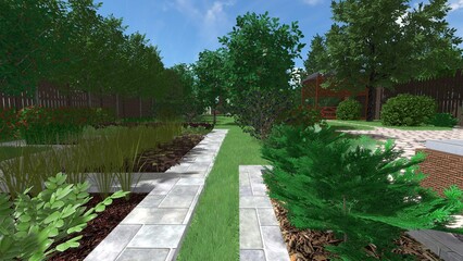 3d image of the landscape design of the home territory. Landscaping of the territory. Computer visualization of composite landscaping and landscaping solutions.