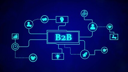 Animated b2b concept with graphic elements on a dark blue technology background. B2B business networking animation with glowing neon digital connections and futuristic global data visualization. - Powered by Adobe