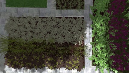 3d image of the landscape design of the home territory. Landscaping of the territory. Computer visualization of composite landscaping and landscaping solutions.