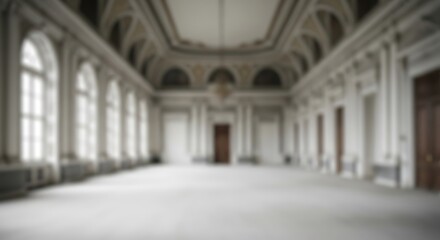 Fototapeta premium Blurred view of an opulent hall with arched windows and doorways offering grandeur and