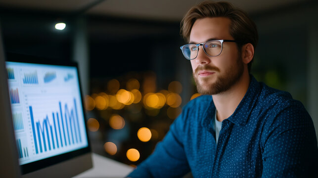 Analyst studying interactive dashboards in creative tech office