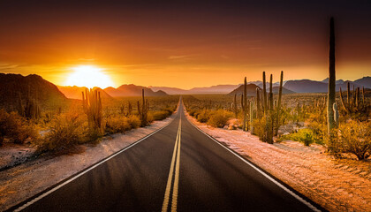desert road with cacti on either side stretching towards a distant golden horizon desert cactus road endless exploration