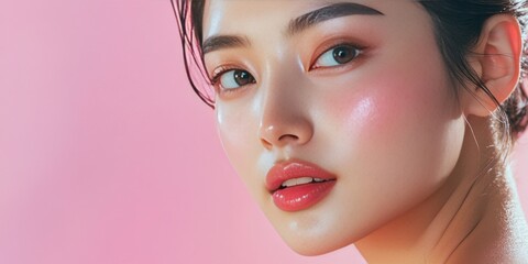 Fototapeta premium A young woman with makeup, wearing lipstick and eye shadow.