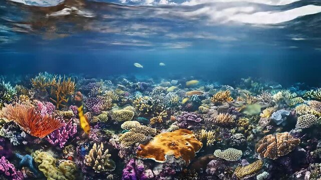 Vibrant coral reef scene with mountains in the background.