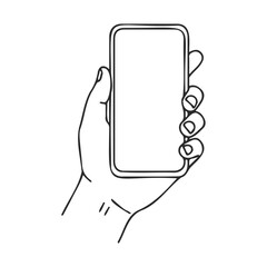 Hand holding smartphone line drawing with blank screen