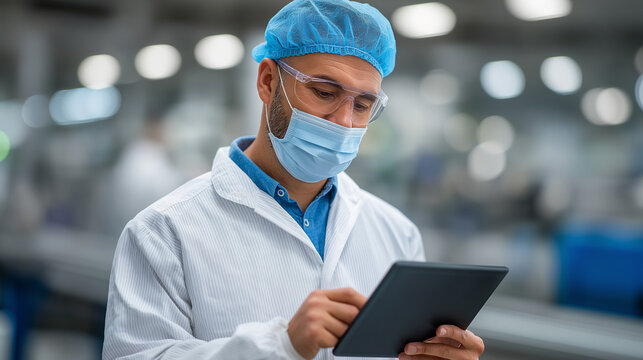 Technician in Clean Room Inspecting Automated Manufacturing Line