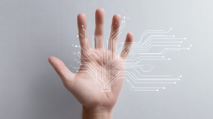 Human hand with white digital circuit lines and connection points overlaid, representing integration of human touch with digital technology and artificial intelligence