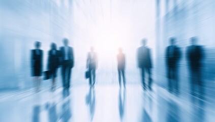 Blurred businesspeople in a modern office hallway