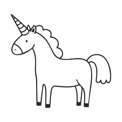 Fototapeta premium Simple black and white unicorn drawing with striped horn and flowing tail
