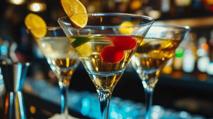 Colorful cocktails in a glasses at a bar, garnished with olives and lemon.