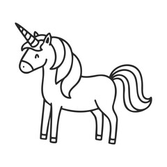 Cute cartoon unicorn with flowing mane and tail on white background