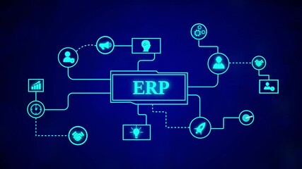 Animated illustration of enterprise resource planning software. Erp enterprise resource planning software technology business system management network digital futuristic animation. - Powered by Adobe
