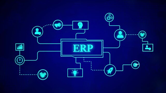 Animated illustration of enterprise resource planning software. Erp enterprise resource planning software technology business system management network digital futuristic animation.