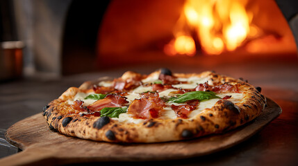 Neapolitan pizza with crispy bacon and fresh basil served on a wooden peel with a fiery oven background