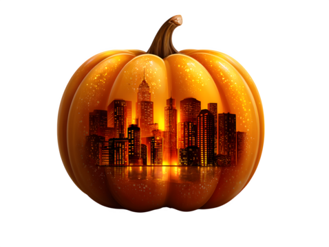 A Halloween pumpkin with a cityscape carved, isolated on transparent background