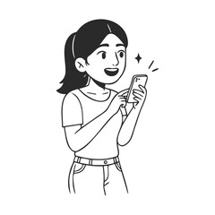 Young asian female cartoon character smiling while using smartphone