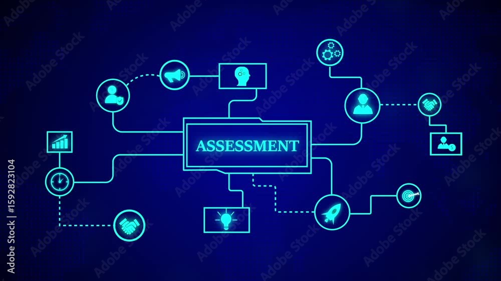 Poster digital assessment concept displayed on futuristic interface illustrating information flow. futurist