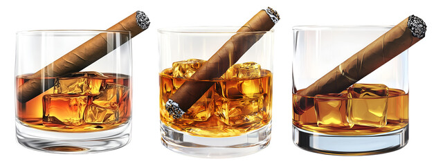 Glasses of Whiskey with Cigars on White Background Luxury Alcoholic Drink and Cigar Concept in High Quality