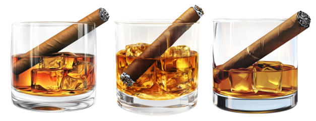 Glasses of Whiskey with Cigars on White Background Luxury Alcoholic Drink and Cigar Concept in High Quality