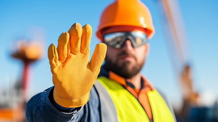 Construction worker signals to stop. Safety-focused image with high-visibility gear. Clear blue sky in background. Focus is on safety.