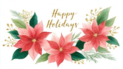 simple drawing of red poinsettias, says " Happy Holidays", isolated white background  for Christmas