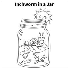 A cute inchworm arching its body on a leaf inside a jar. Add a cartoon apple core, a little branch, and a smiling sun peeking in from the jar’s top.