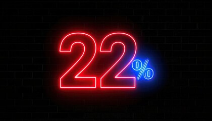 Neon 22% off sale sign on dark brick background