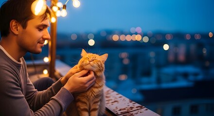 Man petting orange cat on rooftop at dusk with string lights blurred cityscape background captures intimate moment warm tones and soft lighting enhance the connection