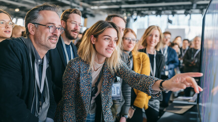 Engaged Attendees Interacting at a Dynamic International Trade Fair Exhibit