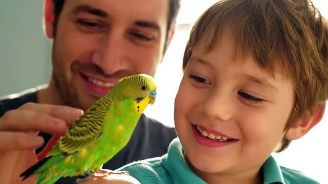 Happy father and son holding budgie indoors