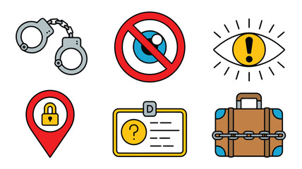 Broken chain ribbon globe lock hand eye end trafficking icon set for World Day July thirty