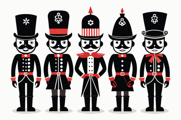Five black and red nutcracker soldiers standing in a line
