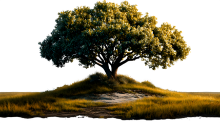 A lone tree on a grassy plain isolated on transparent background