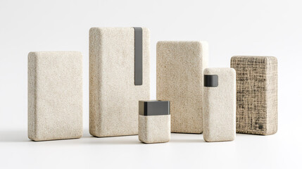 A collection of modern electronic cigarette boxes in different sizes and shapes, all made from beige fabric with black plastic details